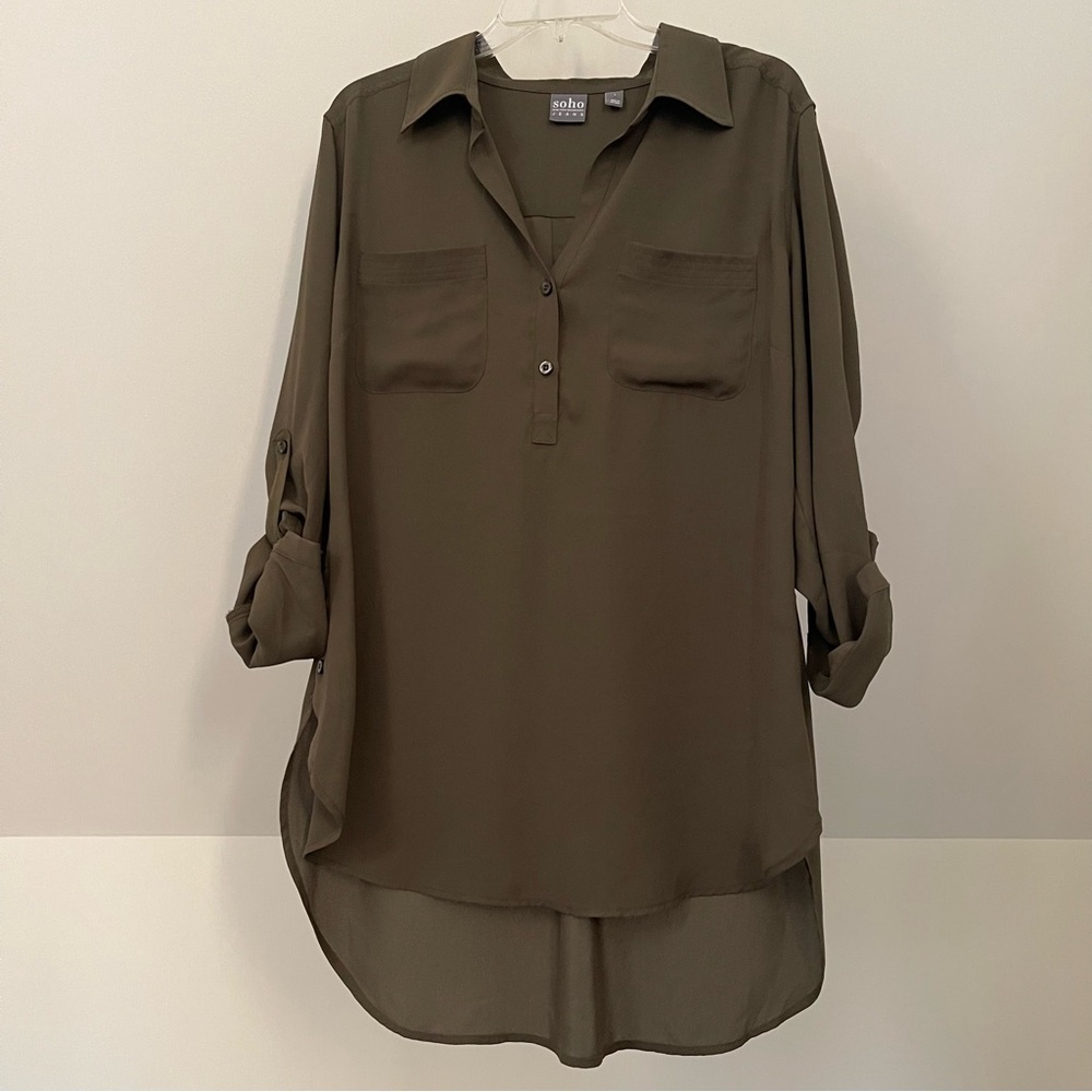 New York & Co SOHO Jeans Green 3/4 Sleeve Double Pocket Split Hem Blouse, EUC